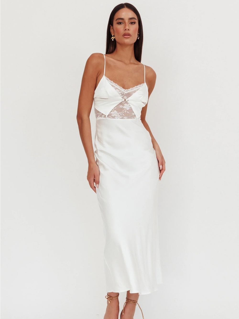 Lace-Trim Satin Slip Dress in White